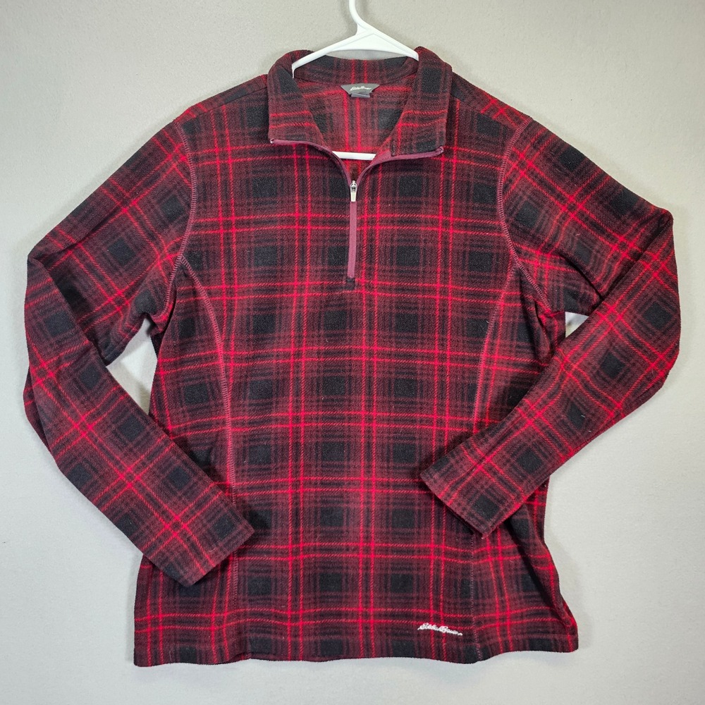 Eddie Bauer Womens Plaid Quarter Zip Fleece‎ Pullover Top Red Black Medium
